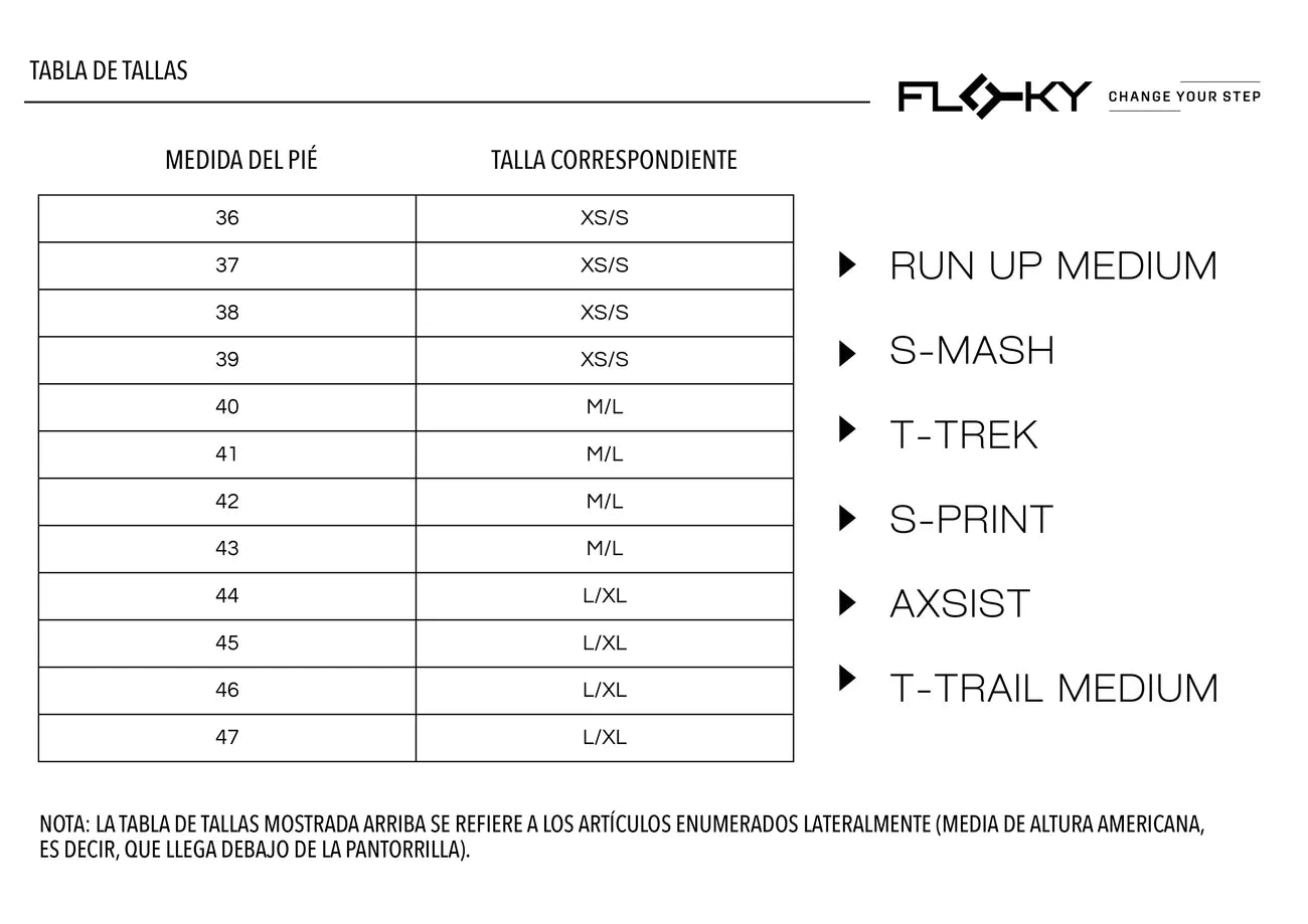 Guía de tallas Medias Floky S-MASH 3D