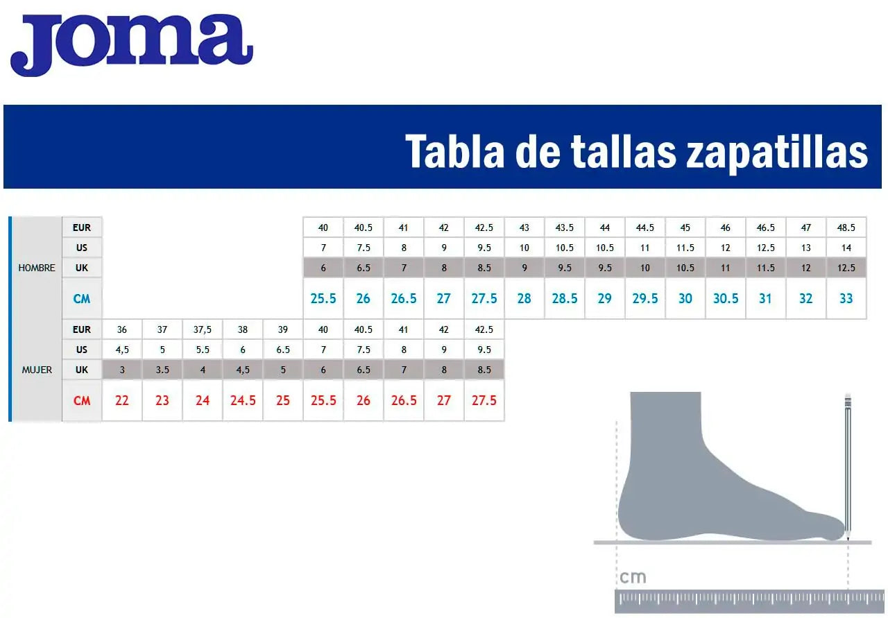 Guía de tallas Zapato de padel Joma Spin Men 2612 Light Gray